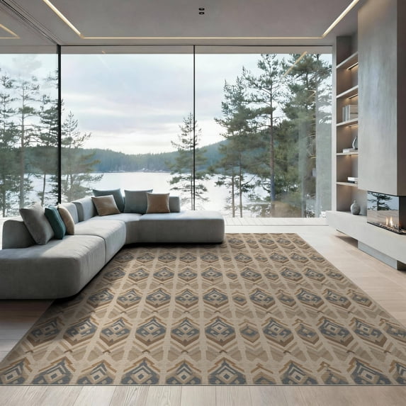 ODIKA 9'x12' Tan Blue Natural Design Washable Area Rug Intricate Geometric Pattern, Machine Non-Slip, Chair-Friendly for Dining Room, Basement, Large Office