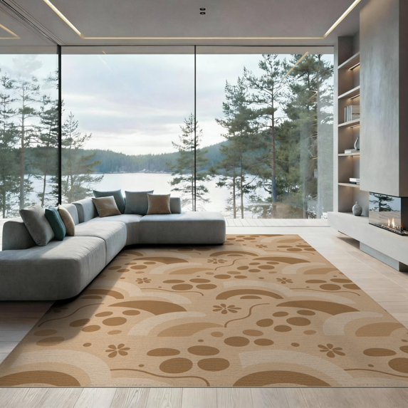 ODIKA 9'x12' Tan Brown Retro Modern Geometric Wave Washable Area Rug Vintage Inspired Abstract Circles Floral Motifs Non-Slip, Chair-Friendly for Dining Room, Basement, Large Office