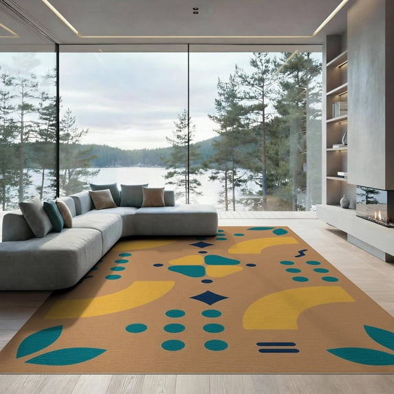 ODIKA 9'x12' Tan Geometric Natural Washable Area Rug Modern Abstract Shapes With Vibrant Accents And Symmetry Low Pile, Flatwoven, for Great Room, Indoor Concept, Large Living