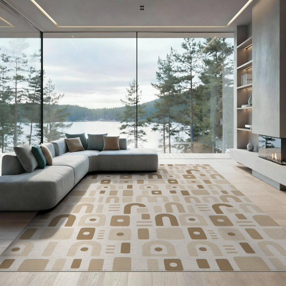 ODIKA 9'x12' Tan Natural Geometric Wave Design Washable Area Rug Modern Abstract Sisal Pattern Low Pile, Flatwoven, for Great Room, Indoor Concept, Large Living