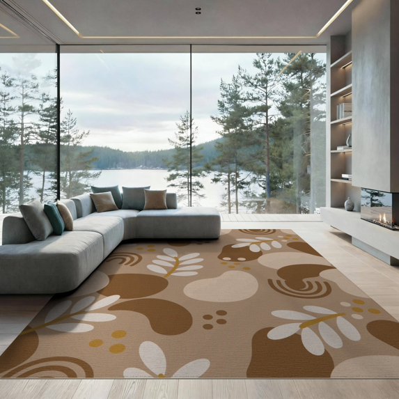 ODIKA 9'x12' Taupe Abstract Leaf Daisy Check Washable Area Rug Modern Graphic Design With Shapes And Retro Motifs Non-Shedding, Easy Care for Master Suite, California King, Under Bed