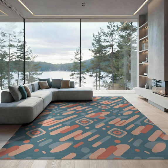 ODIKA 9'x12' Teal Abstract Geometric Washable Area Rug Modern Diagonal With Dynamic Shapes And Retro Flair Non-Slip, Chair-Friendly for Dining Room, Basement, Large Office