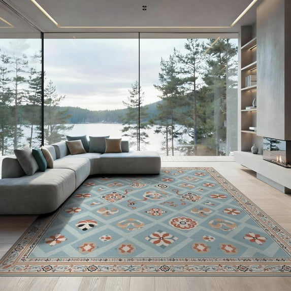 ODIKA 9'x12' Teal Blue Diamond Grid Floral Medallion Washable Area Rug Traditional Ornate Border Frame with Geometric Low Pile, Flatwoven, for Great Room, Indoor Concept, Large Living