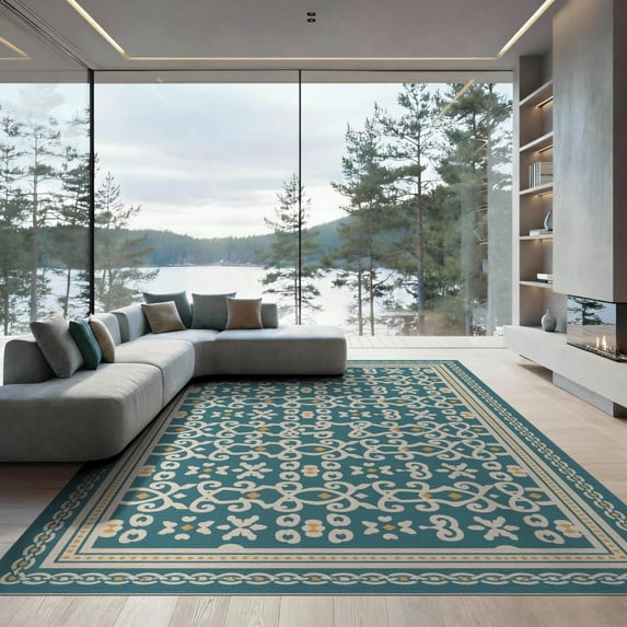 ODIKA 9'x12' Teal Blue Ocean Inspired Geometric Washable Area Rug Intricate Medallion Motifs with Decorative Chain for Dining Room, Basement, Large Office, Non-Slip Chair-Friendly