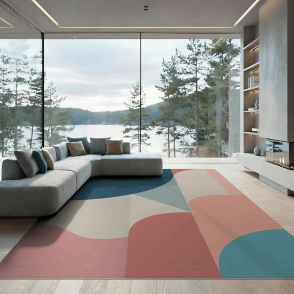 ODIKA 9'x12' Teal Coral Abstract Geometric 1703 Design Washable Area Rug Modern Artistic Interpretation with Bold Curves Low Pile, Flatwoven, for Great Room, Indoor Concept, Large Living