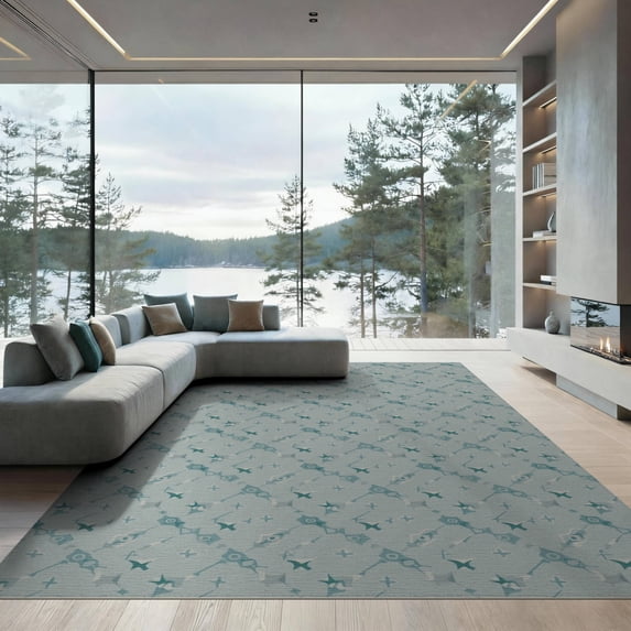 ODIKA 9'x12' Teal Gray Modern Geometric Star Cross Washable Area Rug Contemporary Diamond Grid Layout with Celestial for Great Room, Indoor Concept, Large Living Low Pile, Flatwoven