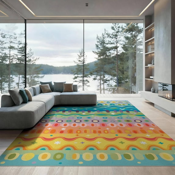 ODIKA 9'x12' Vibrant Multi Rainbow Stripe Geometric Washable Area Rug Horizontal Bands Abstract Waves Circles for Great Room, Indoor Concept, Large Living Low Pile, Flatwoven
