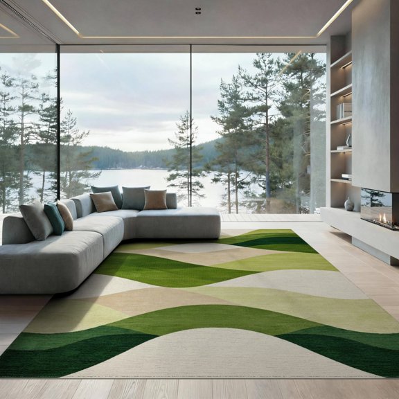 ODIKA 9'x12' Washable Area Rug Abstract Mid Diagonal Wave Striped Chartreuse Gradient Cream for Great Room, Indoor Concept, Large Living Low Pile, Flatwoven
