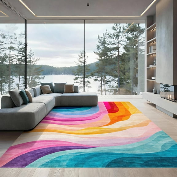 ODIKA 9'x12' Washable Area Rug Abstract Rainbow Waves Design Flow Dynamic Gradient with Seamless for Great Room, Indoor Concept, Large Living Low Pile, Flatwoven