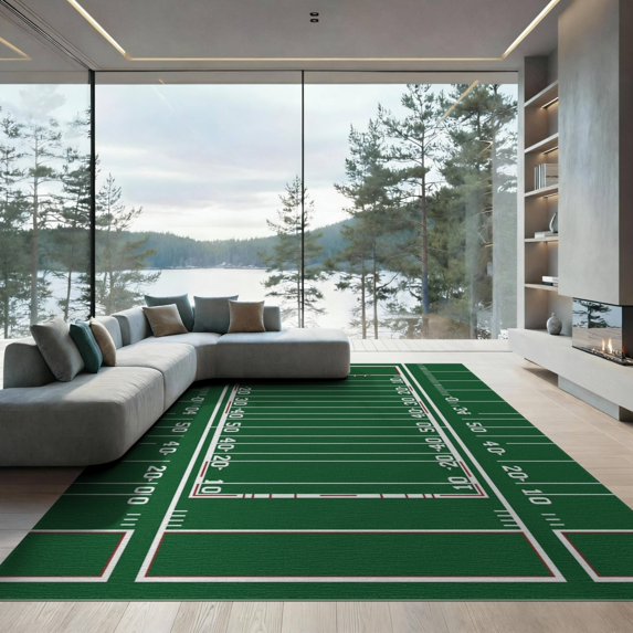 ODIKA 9'x12' Washable Area Rug Athletic Gridiron Markers Goal Border Doormat Football Field Door Playful for Master Suite, California King, Under Bed, Non-Shedding, Easy Care