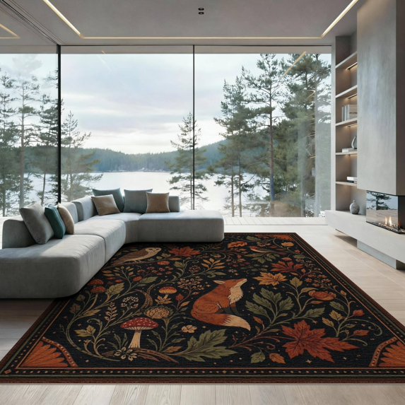 ODIKA 9'x12' Washable Area Rug Autumnal Earth Tones Enchanted Forest Design Elegant Wildlife and Foliage with Starry for Great Room, Indoor Concept, Large Living Low Pile, Flatwoven