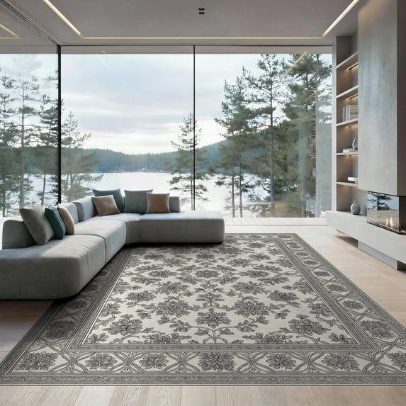 ODIKA 9'x12' Washable Area Rug Beige Border Delicate Repeating Blooms Balanced Farmhouse Entryway for Master Suite, California King, Under Bed, Non-Shedding, Easy Care