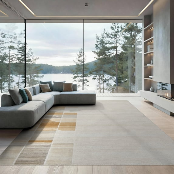 ODIKA 9'x12' Washable Area Rug Beige Composition Abstract Stripe Wave Minimalist Neutral Cream for Master Suite, California King, Under Bed, Non-Shedding, Easy Care