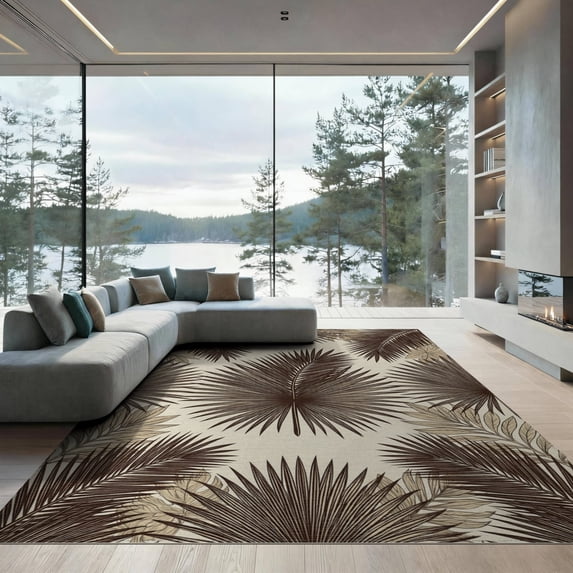 ODIKA 9'x12' Washable Area Rug Beige Frond Cream Artwork Relaxed Layout Rectangular Fronds Large for Master Suite, California King, Under Bed, Non-Shedding, Easy Care