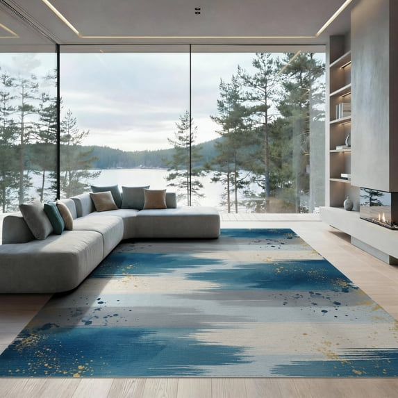 ODIKA 9'x12' Washable Area Rug Beige That Horizontal Band Flow Scattered Abstract Couch Grey for Great Room, Indoor Concept, Large Living Low Pile, Flatwoven