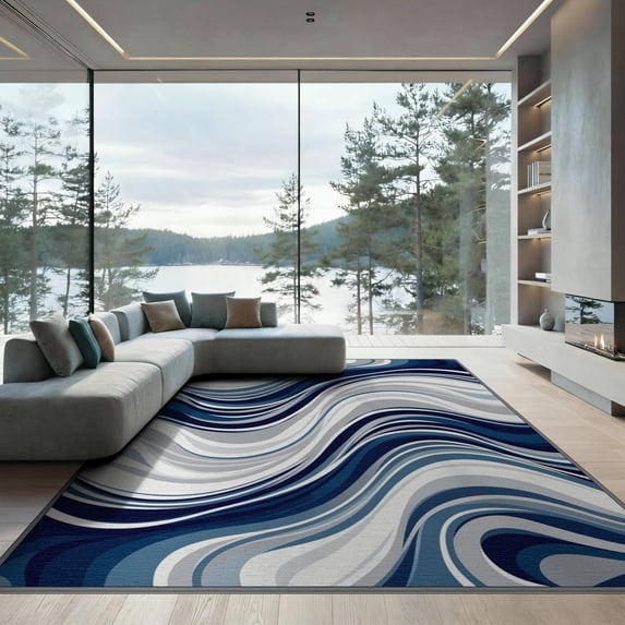 ODIKA 9'x12' Washable Area Rug Beige That Ocean Current Inspired Fluid Decorative Couch Grey for Dining Room, Basement, Large Office, Non-Slip Chair-Friendly