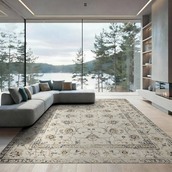 ODIKA 9'x12' Washable Area Rug Beige Tan Vintage Distressed Scroll Traditional Ornate Fluffy for Great Room, Indoor Concept, Large Living Low Pile, Flatwoven