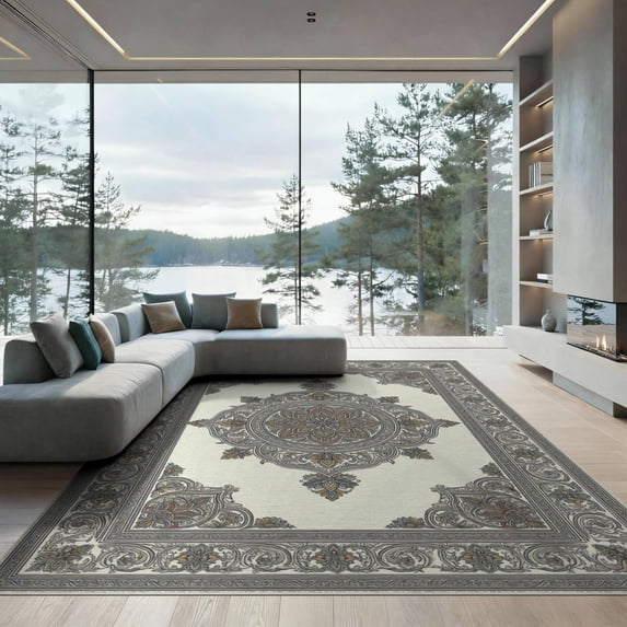 ODIKA 9'x12' Washable Area Rug Beige Traditional Motifs Symmetrical Intricate Decorative Entryway for Master Suite, California King, Under Bed, Non-Shedding, Easy Care