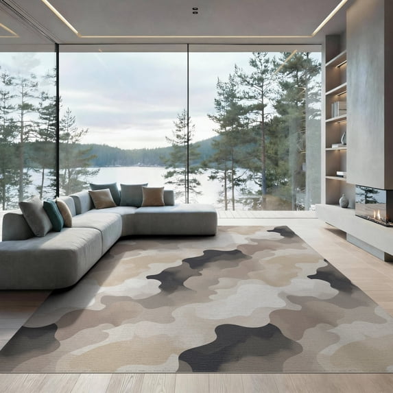 ODIKA 9'x12' Washable Area Rug Beige Transitional Ivory Effect Geometric Contemporary Abstract for Great Room, Indoor Concept, Large Living Low Pile, Flatwoven