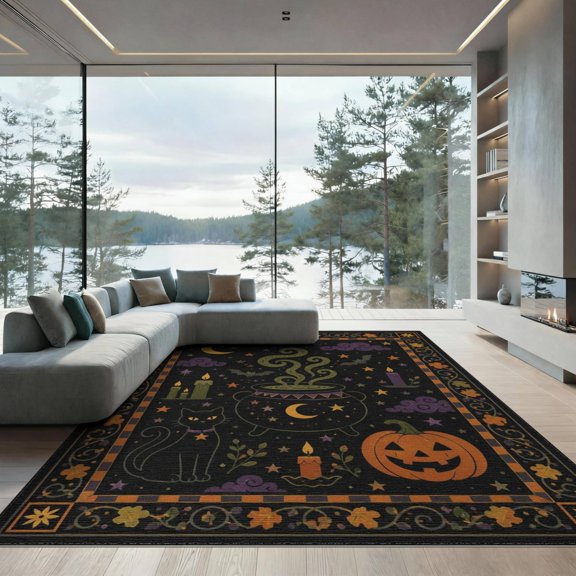ODIKA 9'x12' Washable Area Rug Black Orange Enchanted Halloween Night Design Whimsical Witchery with Festive for Great Room, Indoor Concept, Large Living Low Pile, Flatwoven