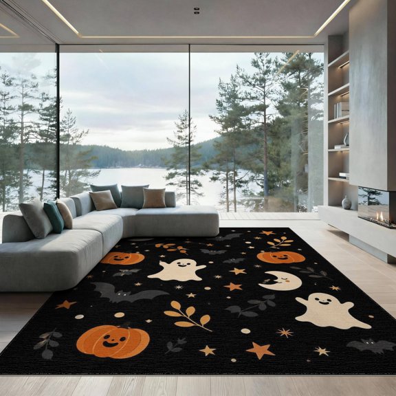 ODIKA 9'x12' Washable Area Rug Black Orange Festive Halloween Themed Design Charming Ghosts, Playful Pumpkins, for Great Room, Indoor Concept, Large Living Low Pile, Flatwoven