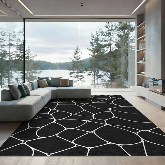 ODIKA 9'x12' Washable Area Rug Black White Abstract Pebble Mosaic Design Elegant Geometric Contours with Artistic for Master Suite, California King, Under Bed, Non-Shedding, Easy Care