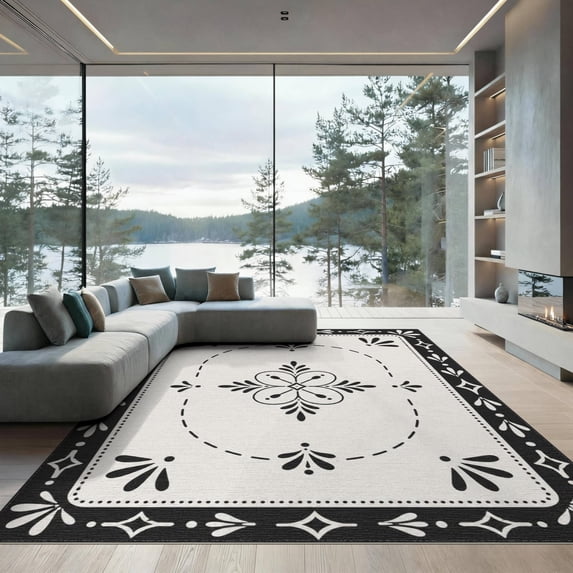 ODIKA 9'x12' Washable Area Rug Black White Elegant Floral Symmetry Design Classic Geometric Border with Central Motif for Dining Room, Basement, Large Office, Non-Slip Chair-Friendly