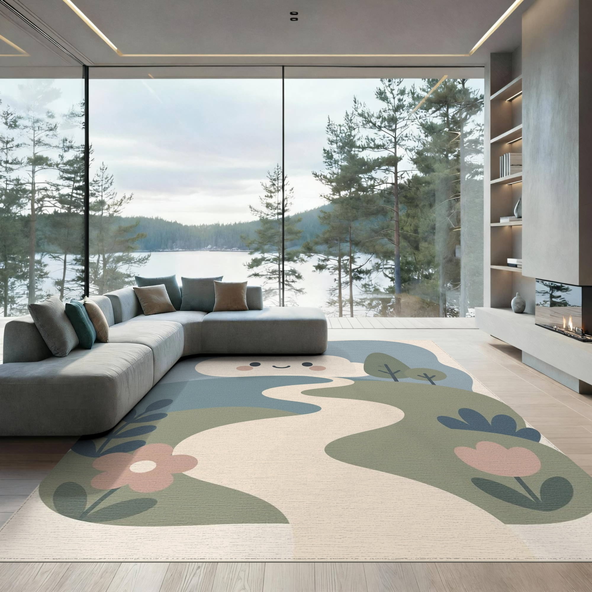 Pastel Large Rug ODIKA 9'x12' Washable Area Rug Blue Green Pastel Scenic Path Design ...