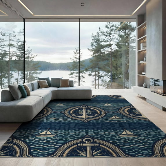 ODIKA 9'x12' Washable Area Rug Boat Ocean Hooked Compass Navigation Theme Traditional Sailing for Dining Room, Basement, Large Office, Non-Slip Chair-Friendly