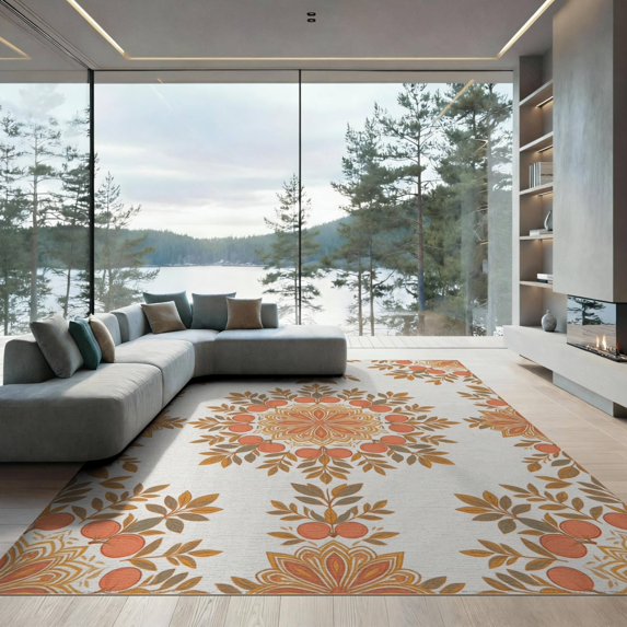 ODIKA 9'x12' Washable Area Rug Boho Botanical Design With Symmetrical Floral Medallion Peach Fruit Refined for Great Room, Indoor Concept, Large Living Low Pile, Flatwoven