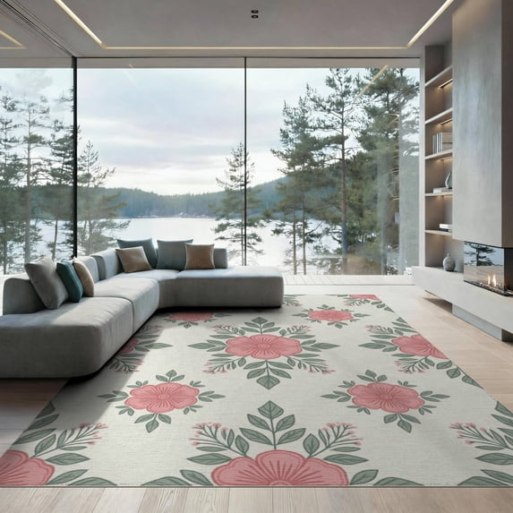 ODIKA 9'x12' Washable Area Rug Boho Delicate Botanical Scattered Motifs Shaggy Look Pink Solid Refined for Great Room, Indoor Concept, Large Living Low Pile, Flatwoven