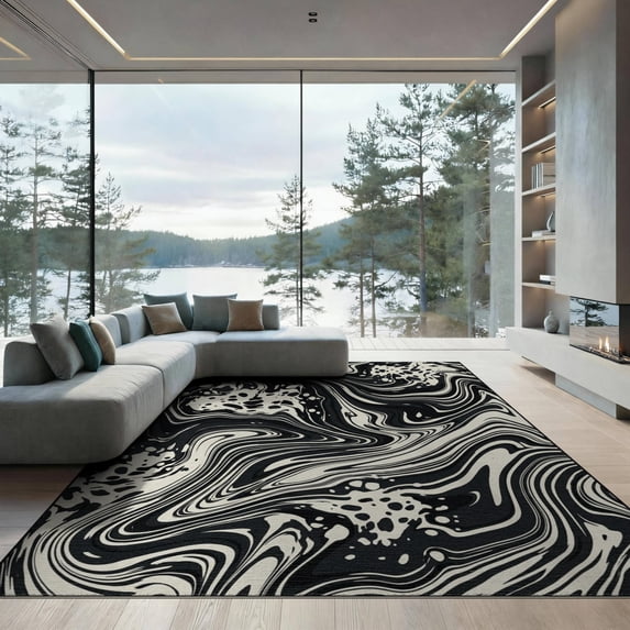 ODIKA 9'x12' Washable Area Rug Bold Abstract Marbled Motif Inspired Patchwork Cow Snack Spotted Playful for Master Suite, California King, Under Bed, Non-Shedding, Easy Care
