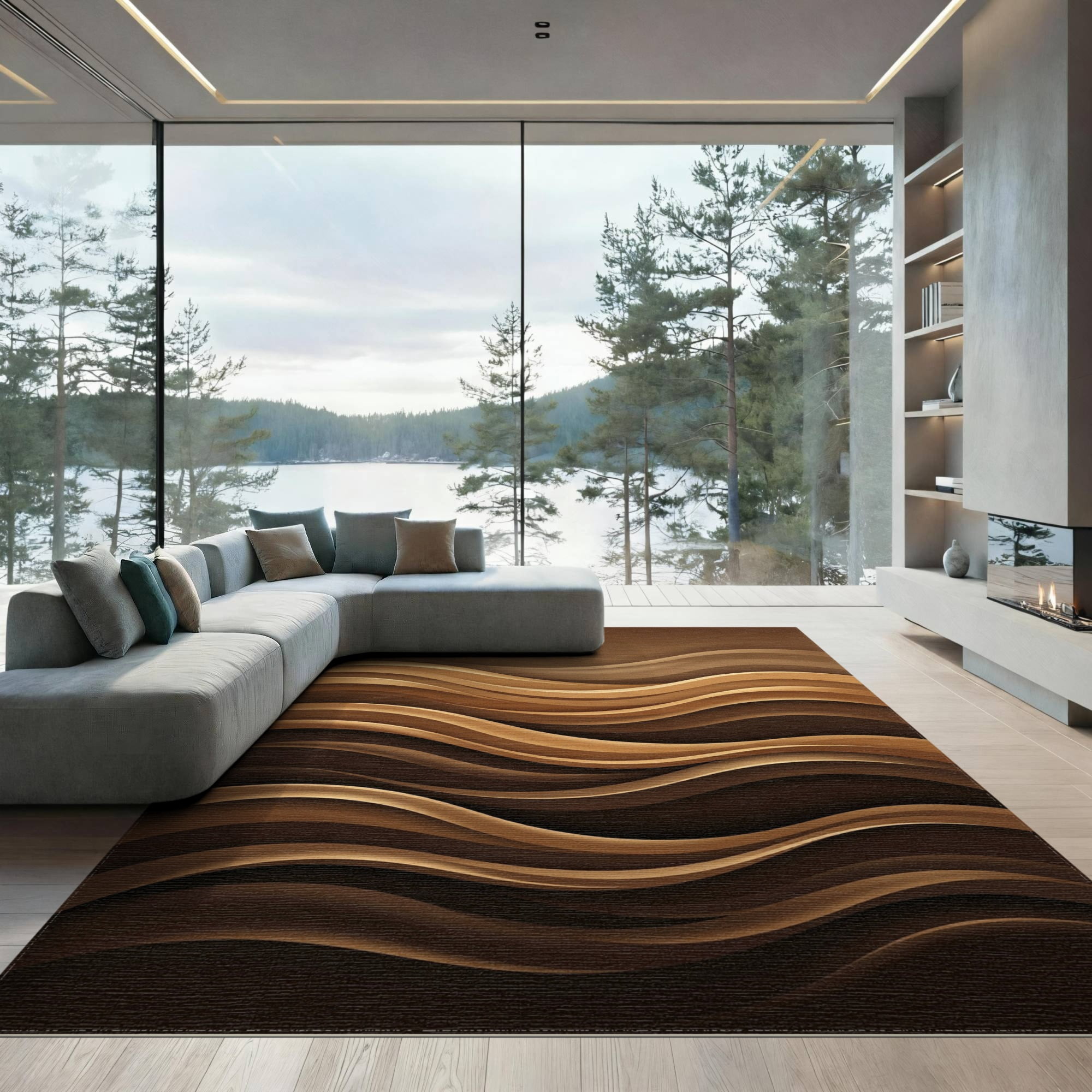 ODIKA 9'x12' Washable Area Rug Brown Abstract with Horizontal Waves ...