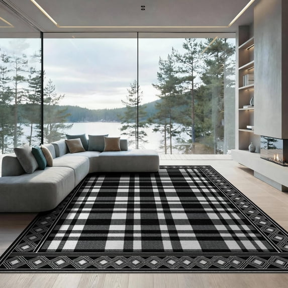 ODIKA 9'x12' Washable Area Rug Checkered Boho Border Doormat Layering Layered Front Plaid Under Refined for Great Room, Indoor Concept, Large Living Low Pile, Flatwoven