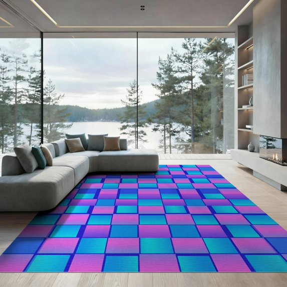ODIKA 9'x12' Washable Area Rug Colorful Checkered Vibrant Block Print Contemporary Abstract Decor for Great Room, Indoor Concept, Large Living Low Pile, Flatwoven