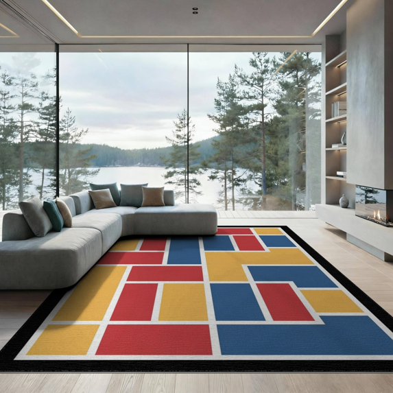 ODIKA 9'x12' Washable Area Rug Composition Abstract Grid Featuring Interlocking Rectangular for Great Room, Indoor Concept, Large Living Low Pile, Flatwoven