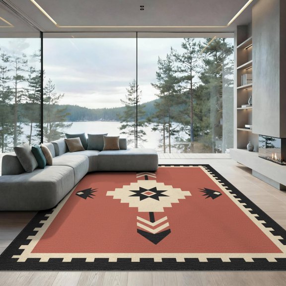 ODIKA 9'x12' Washable Area Rug Cream Terracotta Geometric Design Bold Motif with Accents for Master Suite, California King, Under Bed, Non-Shedding, Easy Care