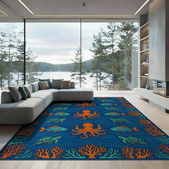 ODIKA 9'x12' Washable Area Rug Creature Design With Octopus Turtle Fish And Coral Ocean Sea Refined Structured for Dining Room, Basement, Large Office, Non-Slip Chair-Friendly