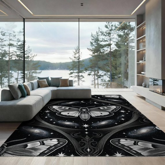 ODIKA 9'x12' Washable Area Rug Death Academic Moth Witchy Astral Scrollwork Academia Gothic for Master Suite, California King, Under Bed, Non-Shedding, Easy Care