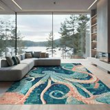 Label Octopius Image ODIKA 9'x12' Washable Area Rug Deep Blue Coral Octopus Tentacle Design ...