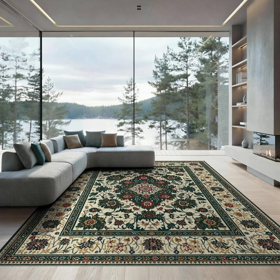 ODIKA 9'x12' Washable Area Rug Deep Green Vinyl Vintage Mosaic Floral Medallion with Distressed Botanical Design for Master Suite, California King, Under Bed, Non-Shedding, Easy Care