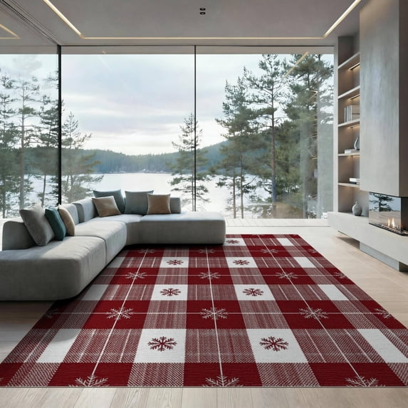 ODIKA 9'x12' Washable Area Rug Deep Red White Buffalo Plaid Design Festive Snowflake Accents Gingham for Master Suite, California King, Under Bed, Non-Shedding, Easy Care