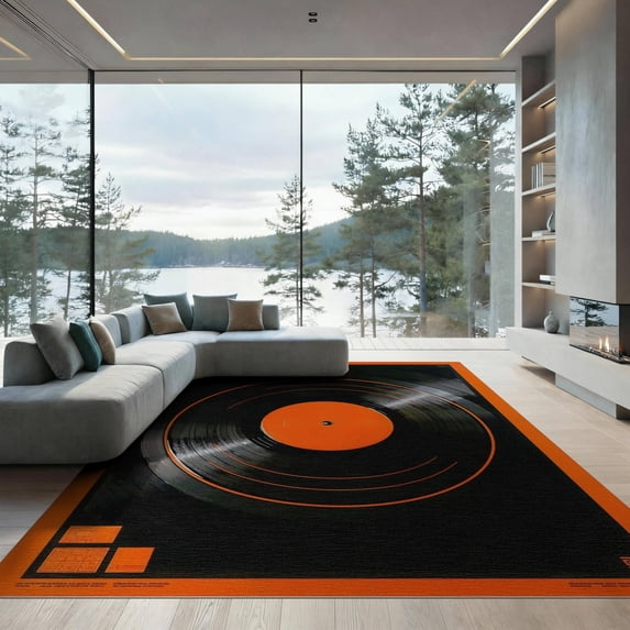 ODIKA 9'x12' Washable Area Rug Disc Vinyl Cd Record Retro Turntable Grooves Bold Concentric for Great Room, Indoor Concept, Large Living Low Pile, Flatwoven