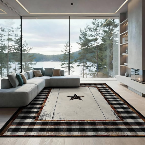 ODIKA 9'x12' Washable Area Rug Door Retro Plaid Bordered Panel Farmhouse Border Motif Vintage for Dining Room, Basement, Large Office, Non-Slip Chair-Friendly