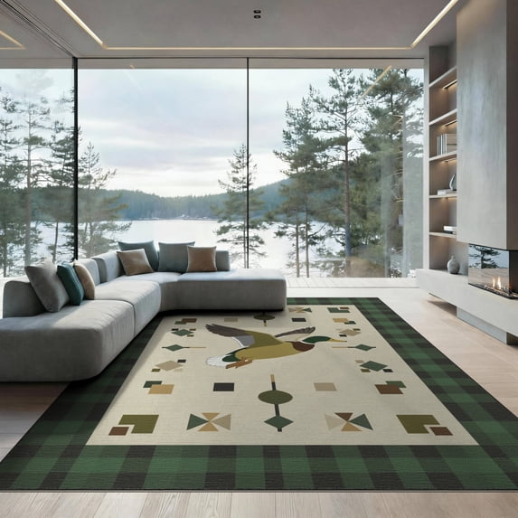 ODIKA 9'x12' Washable Area Rug Duck Hunting And Fishing Scene With Rustic Cabin Plaid Accents Mallard Flowing for Dining Room, Basement, Large Office, Non-Slip Chair-Friendly