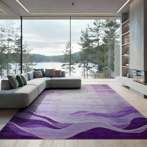 ODIKA 9'x12' Washable Area Rug Dye Tie Abstract Ombre Wave Gothic Ornamental Purple for Great Room, Indoor Concept, Large Living Low Pile, Flatwoven