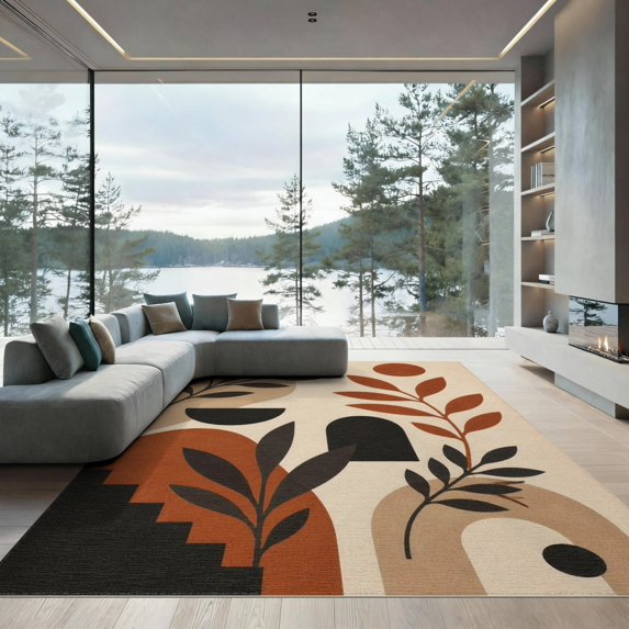 ODIKA 9'x12' Washable Area Rug Earthy Tones Abstract Geometric Botanical Design Modern Artistic Interpretation for Great Room, Indoor Concept, Large Living Low Pile, Flatwoven
