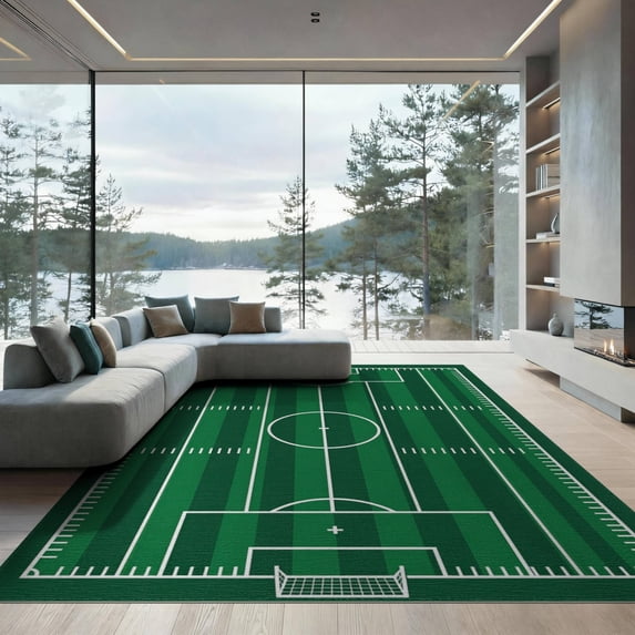ODIKA 9'x12' Washable Area Rug Field Touchdown Lines Goalpost Motif Rugby Training Football Car Refined for Dining Room, Basement, Large Office, Non-Slip Chair-Friendly