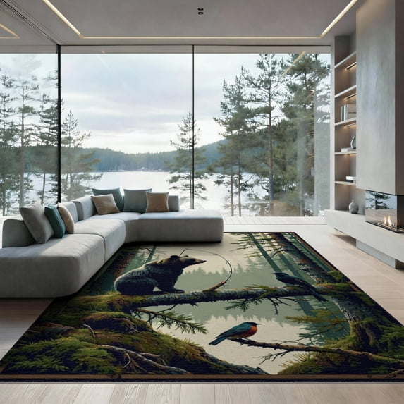 ODIKA 9'x12' Washable Area Rug Fishing Forest Print Perch Wildlife Border Cabin Motif Motifs for Master Suite, California King, Under Bed, Non-Shedding, Easy Care
