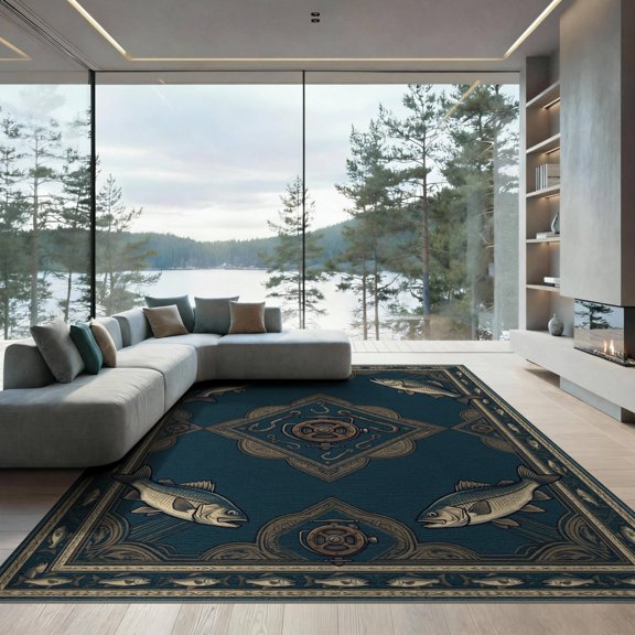 ODIKA 9'x12' Washable Area Rug Fishing Outdoorsman Fish Faded Tackle Motif Symmetrical Layout for Master Suite, California King, Under Bed, Non-Shedding, Easy Care